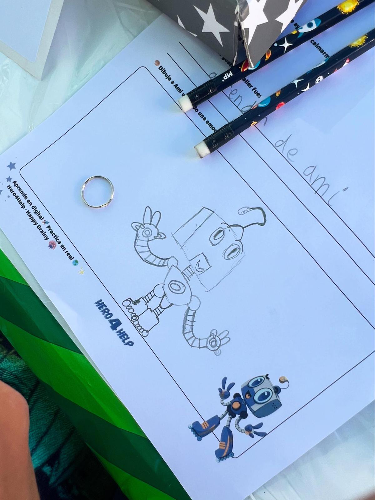 Dibujo de Ami hecho por un niño en el taller Happy Brainy