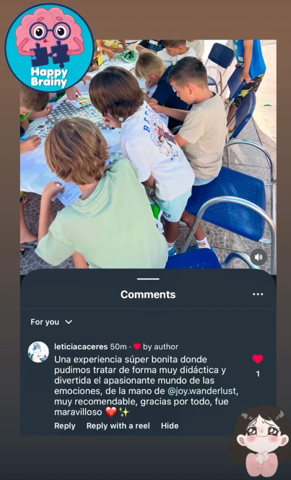 Comentario de @leticiacaceres en Instagram sobre el taller Happy Brainy